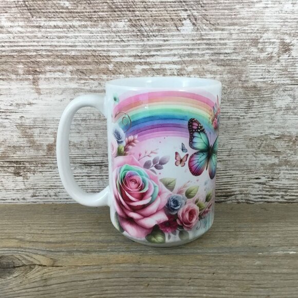 Butterfly & Floral 15 Oz Ceramic Mug With Rainbow Design For Coffee Or Tea - Picture 1 of 3